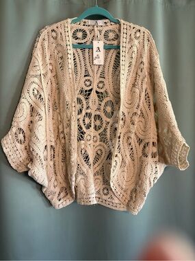 Crochet Cream Open or Button front Kimono Cardigan Relaxed Fit Cover Up by AZ
